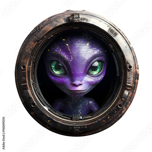 A Purple Alien Peeking Out of a Spaceship Hatch Isolated on Transparent Background