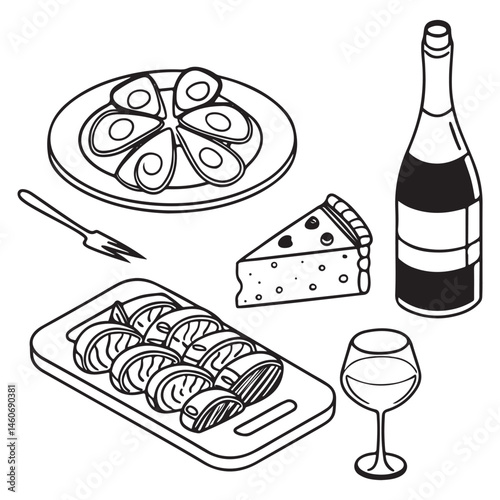 Minimalist food and wine hand drawn sketch set. Cheese platte, ousters plate, charcuterie Jamon and salami board, vine bottle, 
drink glass, champagne vector