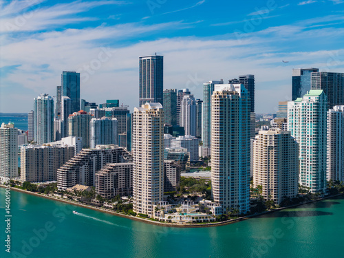 Miami from Brickell Key in Florida. Skyscraper in downtown city. Cityscape skyline. Brickell building in Miami downtown. Brickell skyline with skyscraper architecture. City skyline