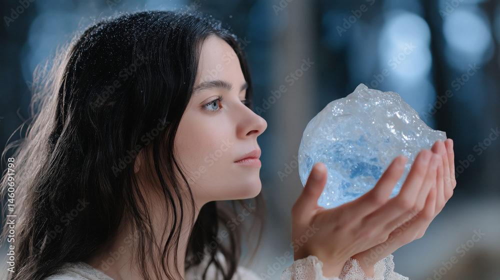 Naklejka premium Young caucasian female holding ice orb in forest
