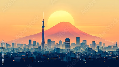 Minimalist flat art of Tokyo skyline with Skytree towering over modern buildings, Mt. Fuji behind in large symmetrical silhouette, golden hour sky in soft tones, vector clarity, hd quality,