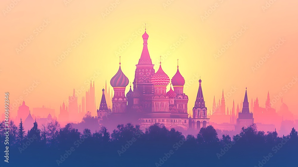 Fototapeta premium Minimalist frontal silhouette of Saint Basil’s Cathedral, pastel background gradient from peach to lavender, foreground in full shadow, abstract flat layout, hd quality, natural look. --ar 16:9