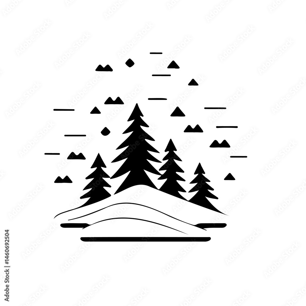 Obraz premium Minimalist rendering of a snow-covered landscape featuring evergreen trees