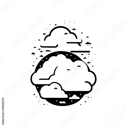 Abstract monochrome cloudscape illustration with celestial orbs in black and white