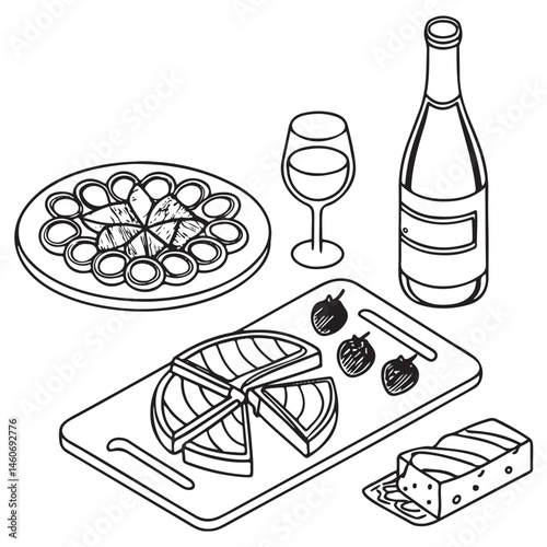 Minimalist food and wine hand drawn sketch set. Cheese platte, ousters plate, charcuterie Jamon and salami board, vine bottle, 
drink glass, champagne vector