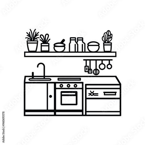 Minimalist Kitchen Interior with Shelves, Pots, Bowls, Utensils, and Transparent Background