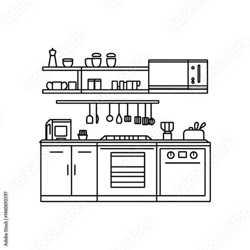 Minimalist Kitchen Outline with Appliances, Cookware, Dishwasher and Cabinets