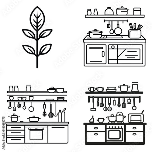 Minimalist Kitchen Set with Cabinets, Utensils, and Herb Plant on Transparent