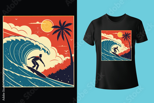 Santa ready to surfing vector art illustration