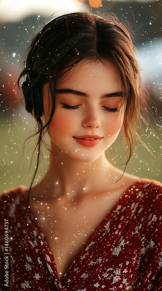 Obraz premium Serene woman, eyes closed, enjoying music