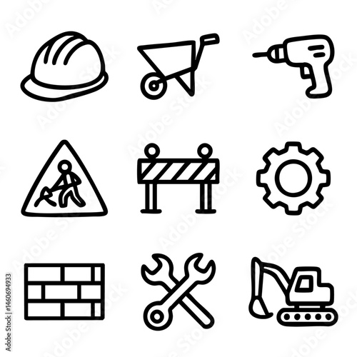 A set of doodle line icons related to construction work, including helmet, drill, excavator, gear, barrier, bricks, and warning signs