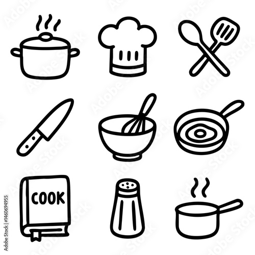 A set of doodle line icons representing cooking and kitchen essentials including pot, pan, knife, chef hat, cookbook, and utensils