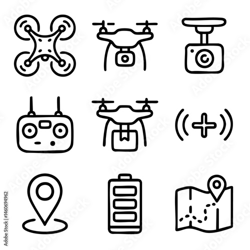 A set of doodle line icons showing drones, controllers, cameras, delivery packages, GPS location, battery level, and flight signals