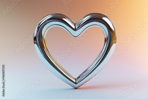 Elegant Render of a Heart Frame in Metallic Finish - A beautifully designed heart frame with a smooth, reflective metallic surface, floating against a soft gradient background. 