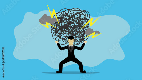 Pressure from too much responsibility concept, tried exhausted businessman carrying heavy messy line on his back