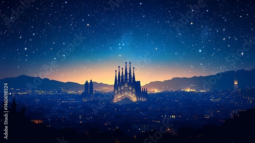 Nighttime silhouette of Barcelona with Sagrada Familia and Torre Glòries, deep blue and indigo tones, stars scattered across sky, city lights as small dots, flat vector perspective, hd quality,