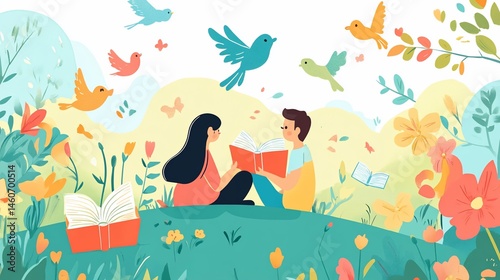 Couple reading a book together in a nature setting with birds and flowers