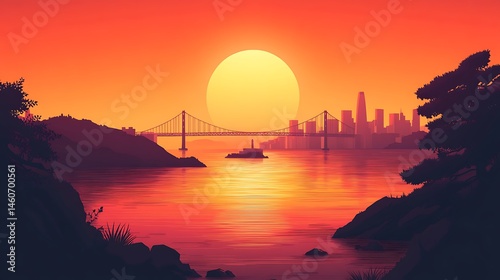 San Francisco bay silhouette in flat minimalist style, Alcatraz Island small in center, bridge and skyline in distance, water in gentle gradient, clean visual balance, hd quality, natural look.