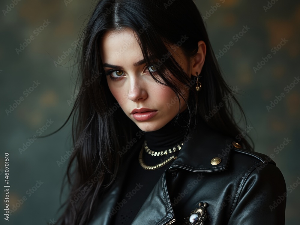 A slender woman with long dark hair, dressed in a leather jacket and jewelry, gazes confidently at the camera, embodying a fierce gothic elegance.