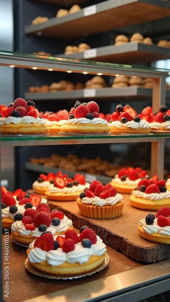 A beautiful display of sweet pastries topped with fresh berries, elegantly arranged on glass shelves in a candy store, appealing to dessert lovers.