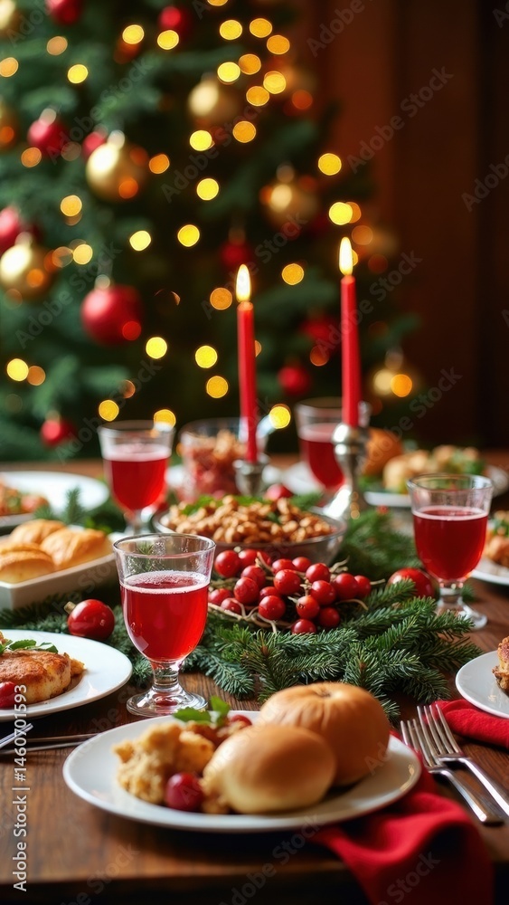 A beautifully set festive dining table adorned with various holiday dishes, drinks, and a vibrant Christmas tree, perfect for celebrating the season with family.