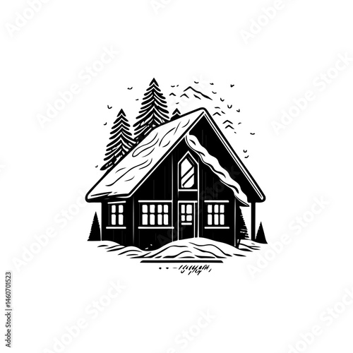 Stylized cabin illustration showcasing winter ambiance and isolated dwelling charm