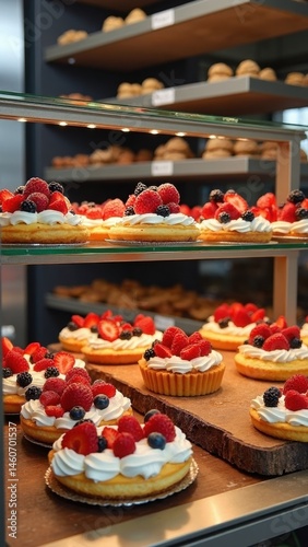 Obraz na płótnie A beautiful display of sweet pastries topped with fresh berries, elegantly arranged on glass shelves in a candy store, appealing to dessert lovers. w salonie