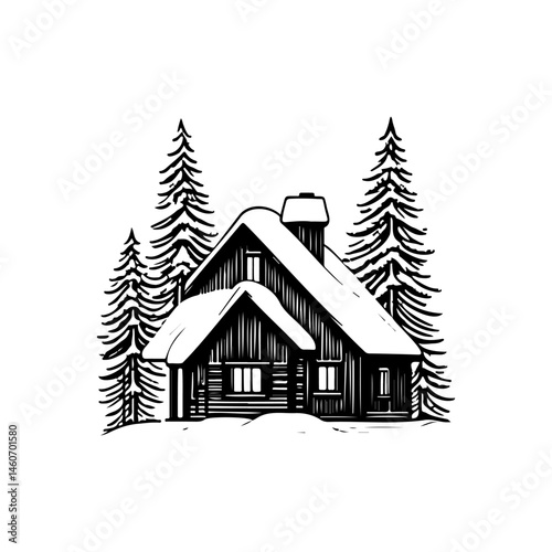 Winter's embrace, secluded log cabin amidst snow-covered evergreens etching illustration