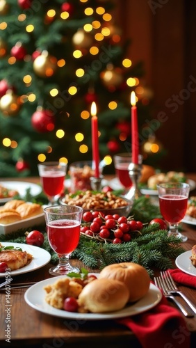 Obraz na płótnie A beautifully set festive dining table adorned with various holiday dishes, drinks, and a vibrant Christmas tree, perfect for celebrating the season with family. w salonie