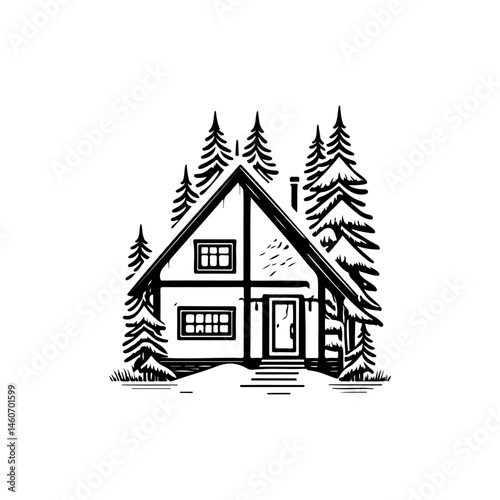Simple monochromatic cabin illustration nestled among tall coniferous evergreens