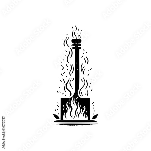Monochrome depiction of stylized fire within rectangular enclosure emitting heat