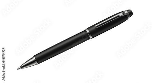 A sleek black pen with silver accents lies diagonally on a light grey background, representing writing, business, or creativity.