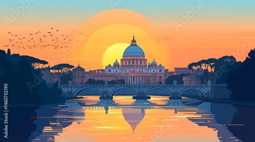 St. Peter’s Basilica in minimalist flat vector, viewed across the Tiber River, silhouette of dome and Vatican walls, soft pastel sky at dawn, simplified reflection in water, hd quality, natural look.