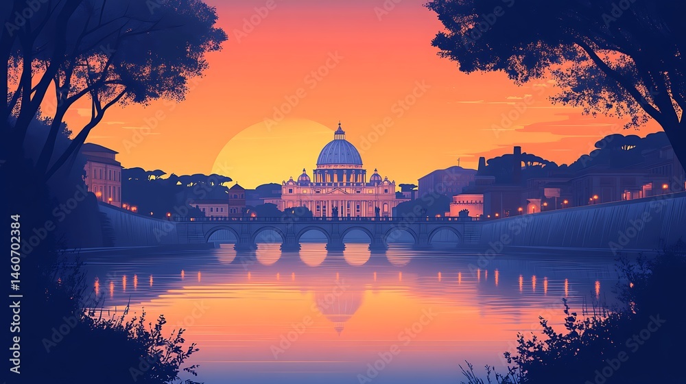 Fototapeta premium St. Peter’s Basilica in minimalist flat vector, viewed across the Tiber River, silhouette of dome and Vatican walls, soft pastel sky at dawn, simplified reflection in water, hd quality, natural look.