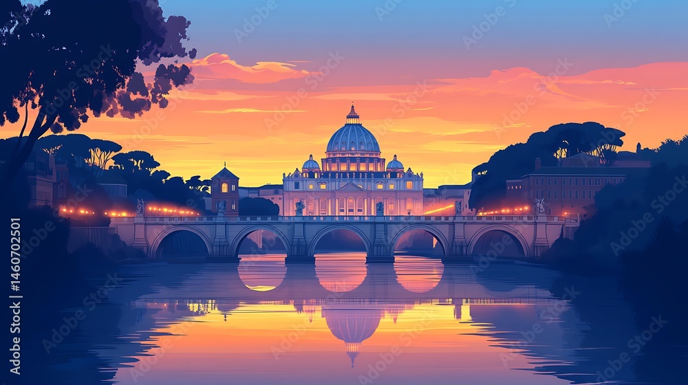 Obraz premium St. Peter’s Basilica in minimalist flat vector, viewed across the Tiber River, silhouette of dome and Vatican walls, soft pastel sky at dawn, simplified reflection in water, hd quality, natural look.