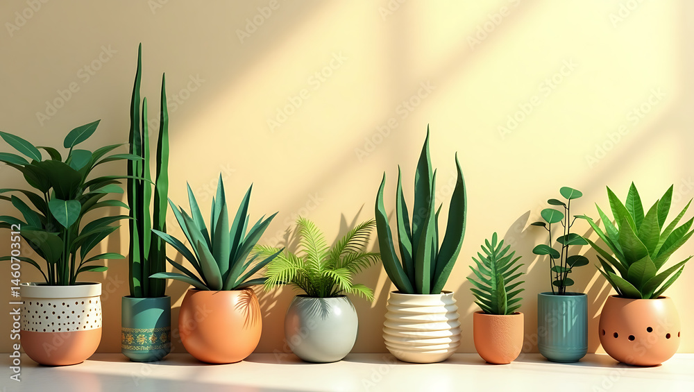 Obraz premium Modern Indoor Greenery: Vibrant Potted Houseplants for Stylish Home Decor in Natural Light