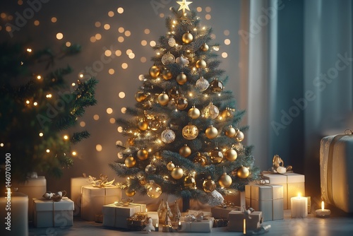 A beautifully decorated Christmas tree adorned with elegant ornaments, shimmering golden baubles, delicate glass figurines, and twinkling fairy lights. 