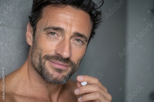 Confident middle-aged man with healthy skin holding skincare product in a naturally lit bathroom, showcasing realistic texture and self-care. photo