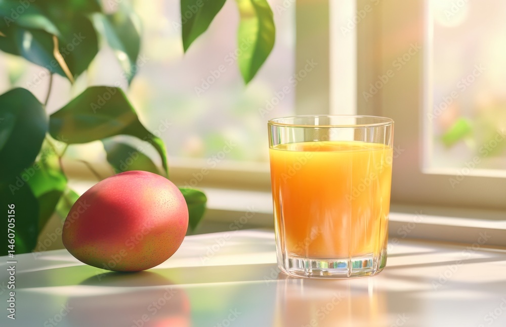 Fototapeta premium Mango juice by window, sunny day