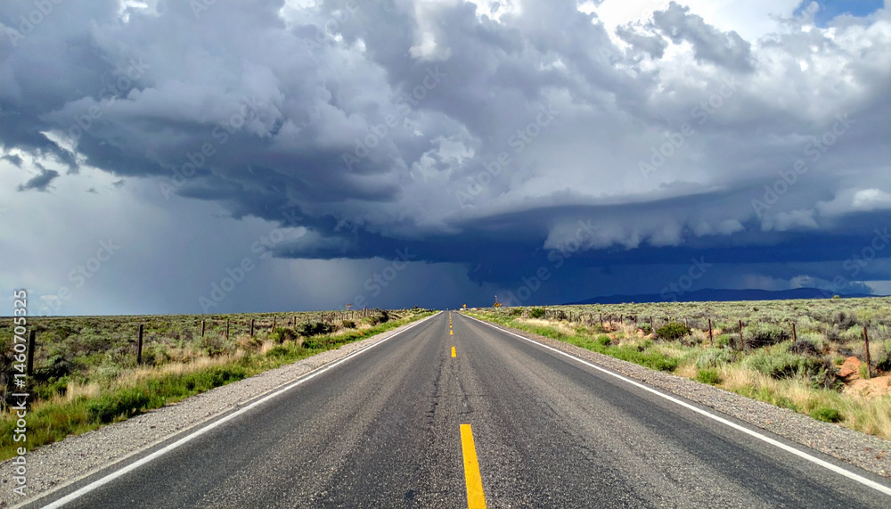 Naklejka premium road to storm,a road with tornado clouds in front