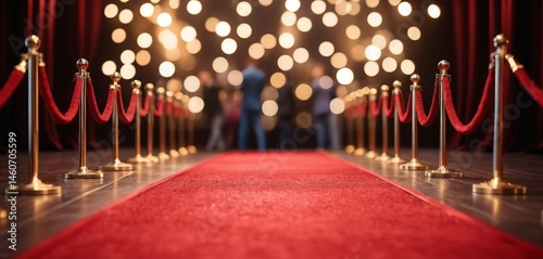 A vibrant red carpet stretches into the distance, framed by elegant gold stanchions with red velvet
