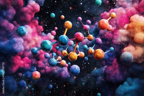 Cannabis in legalization research concept. Colorful abstract representation of molecules in a cosmic setting with vibrant clouds and stars.