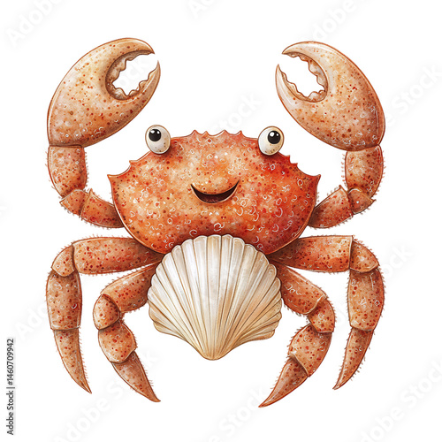 Cartoon Crab Holding Seashell Isolated on Transparent Background