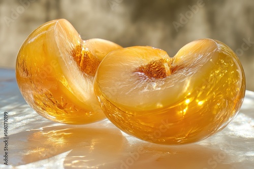 Backlit crystal peaches revealing slight orange-gold swirls inside