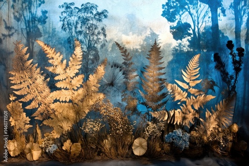 Golden ferns and wildflowers against a blue forest backdrop, creating a serene and artistic nature scene.