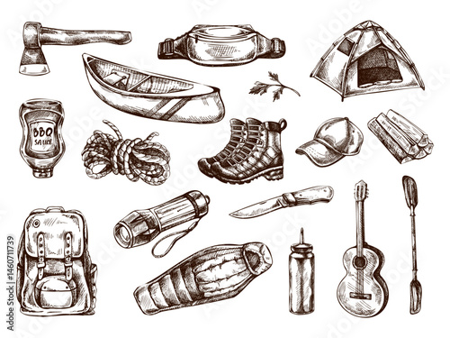 Hand drawn vintage sketch set of picnic, camping, hiking  and travel elements in retro engraved style