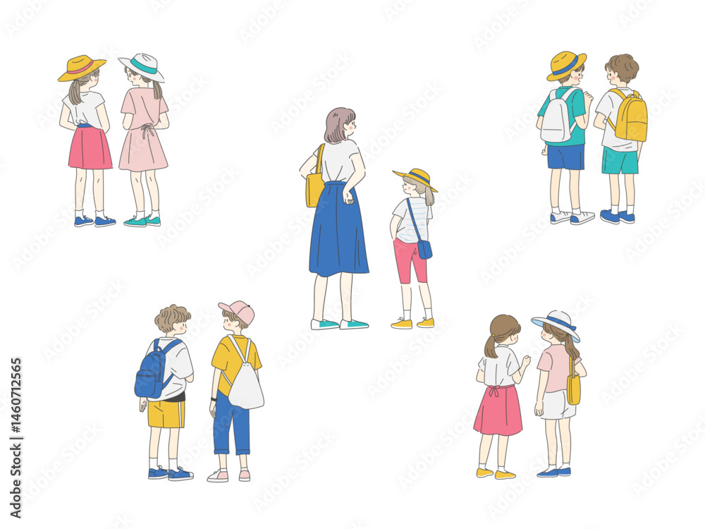 Group of children and mother, summer outfits, back view Group of children and mother, summer outfits, back view