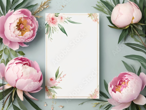 A blank peony wedding invitation adorned with a watercolor floral frame
