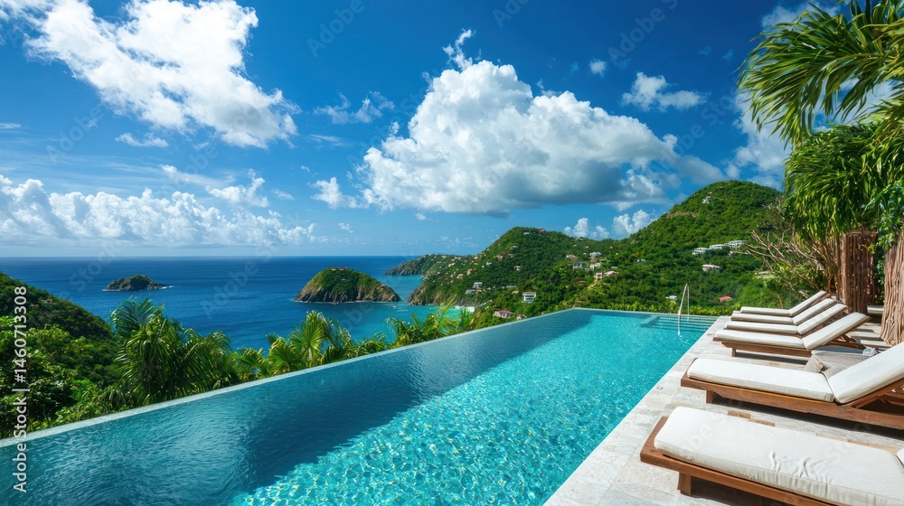 Obraz premium A luxury hotel pool with sun loungers and a stunning ocean view