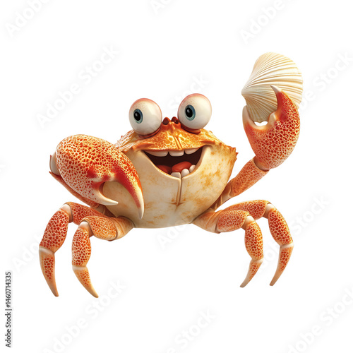 Cartoon Crab Holding Seashell Isolated on Transparent Background